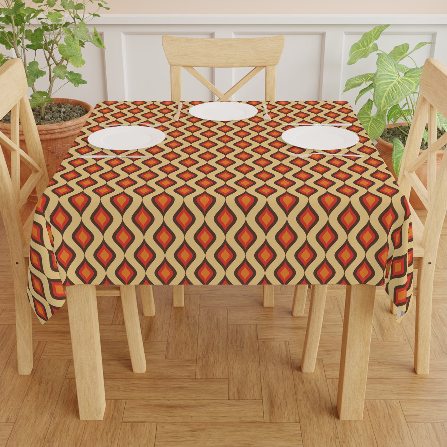 Retro 60s 70s Mid Century Mod Funky Geometric Mustard, Orange and Brown Tablecloth