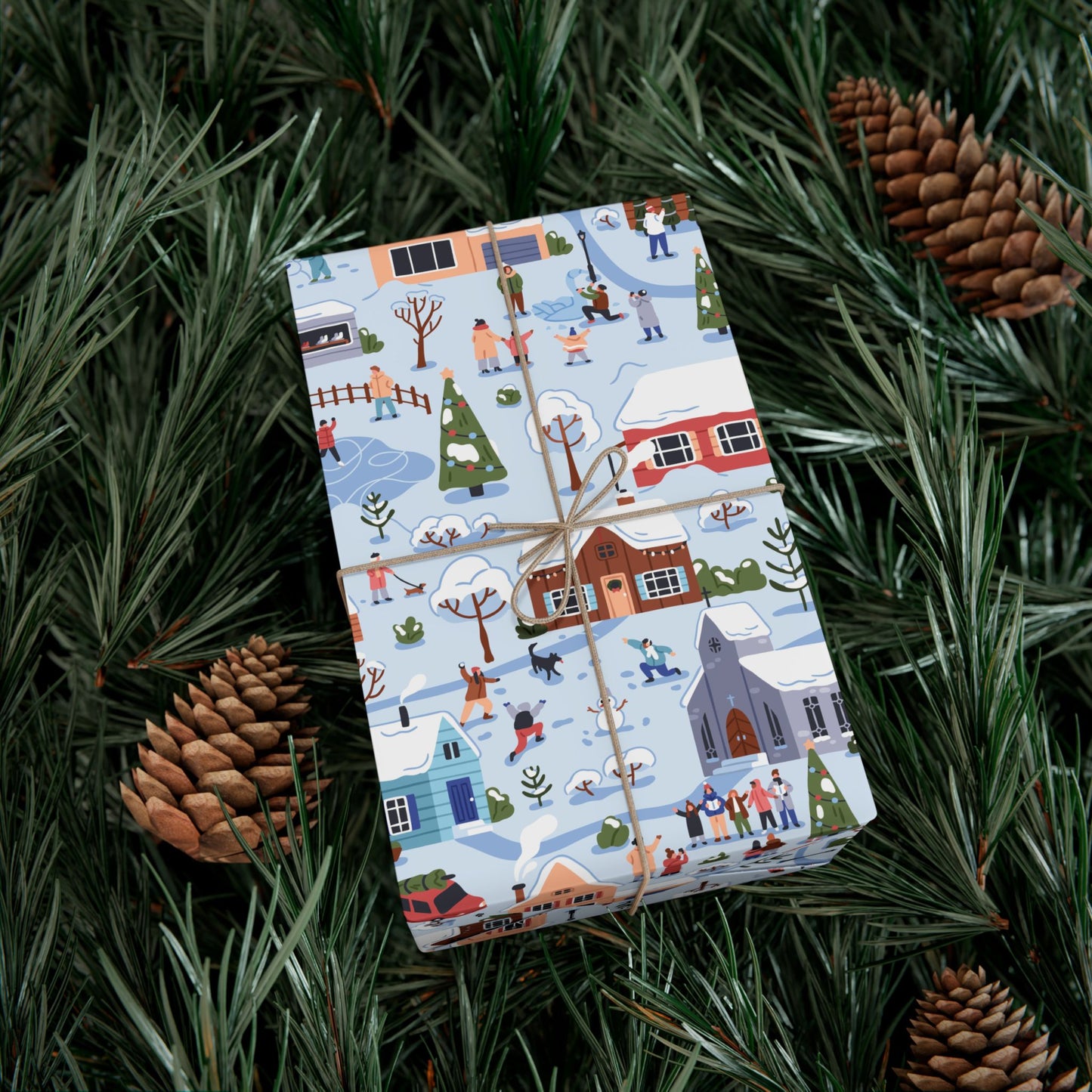 Small Town Christmas Village, Retro Vintage Winter Scene, Multicolor Eco-Friendly Gift Wrap