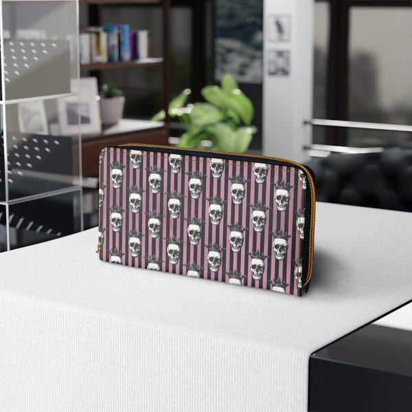 Skulls with Crowns Goth Glam Black & Pink Striped Zipper Wallet | lovevisionkarma.com