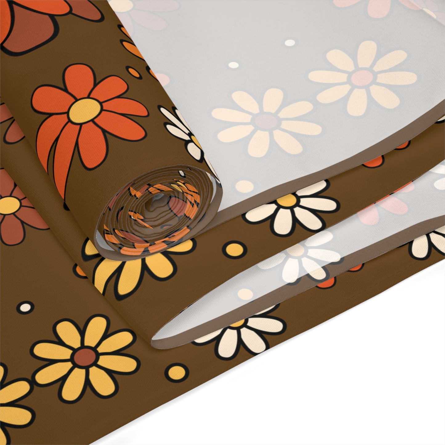 Retro 60s 70s Groovy Mod Daisy, Floral Mid Century Brown & Orange Table Runner