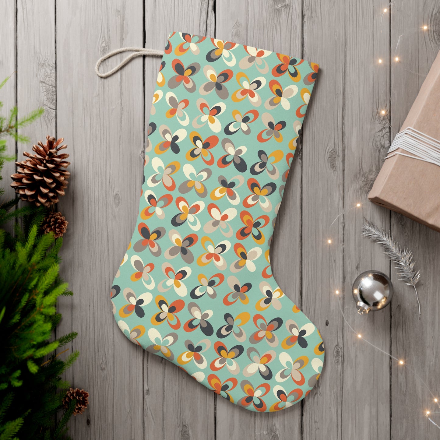 Retro Scandi Mid Century Inspired Danish Flowers Mint Green Christmas Stocking