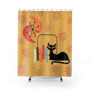 Retro Atomic Cat & Starbursts Mid Century Mod Yellow Shower Curtain