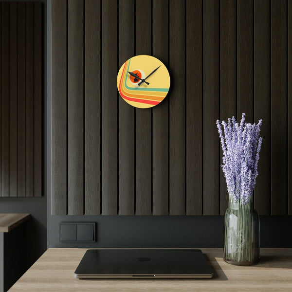Retro Atomic Cat in Ball Chair, Yellow Mid Century Mod Acrylic Wall Clock