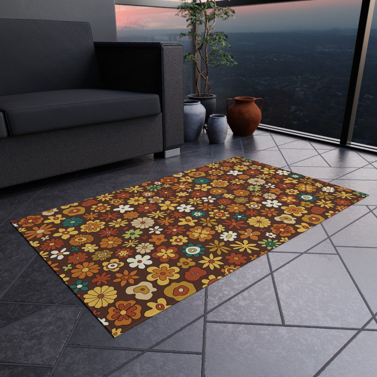 Retro 60s 70s Groovy Floral Mid Century Modern Brown Boho Anti-Slip Indoor/Outdoor Rug