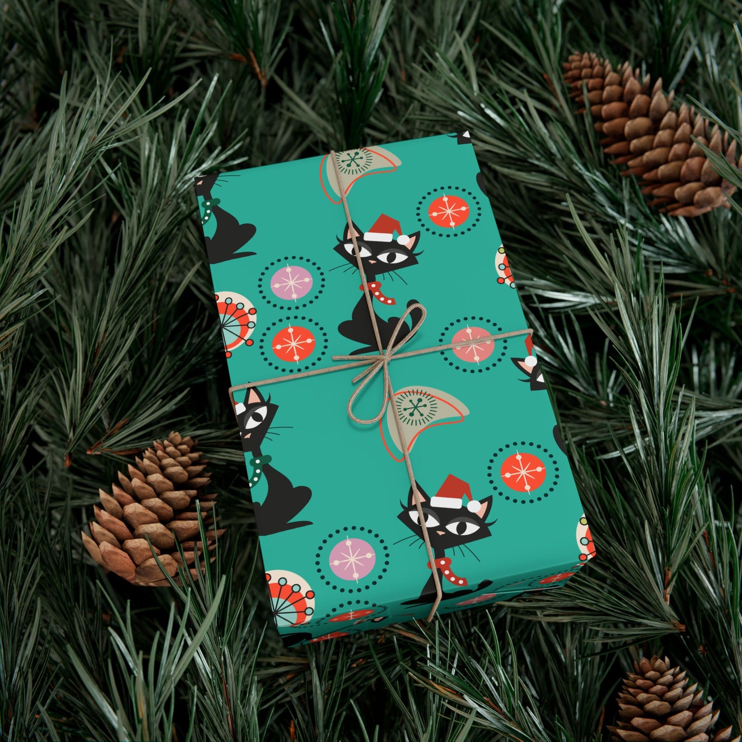 Retro 50's Atomic Cat Christmas Kitschy Mid Century Modern Teal Blue Eco-Friendly Wrapping Paper