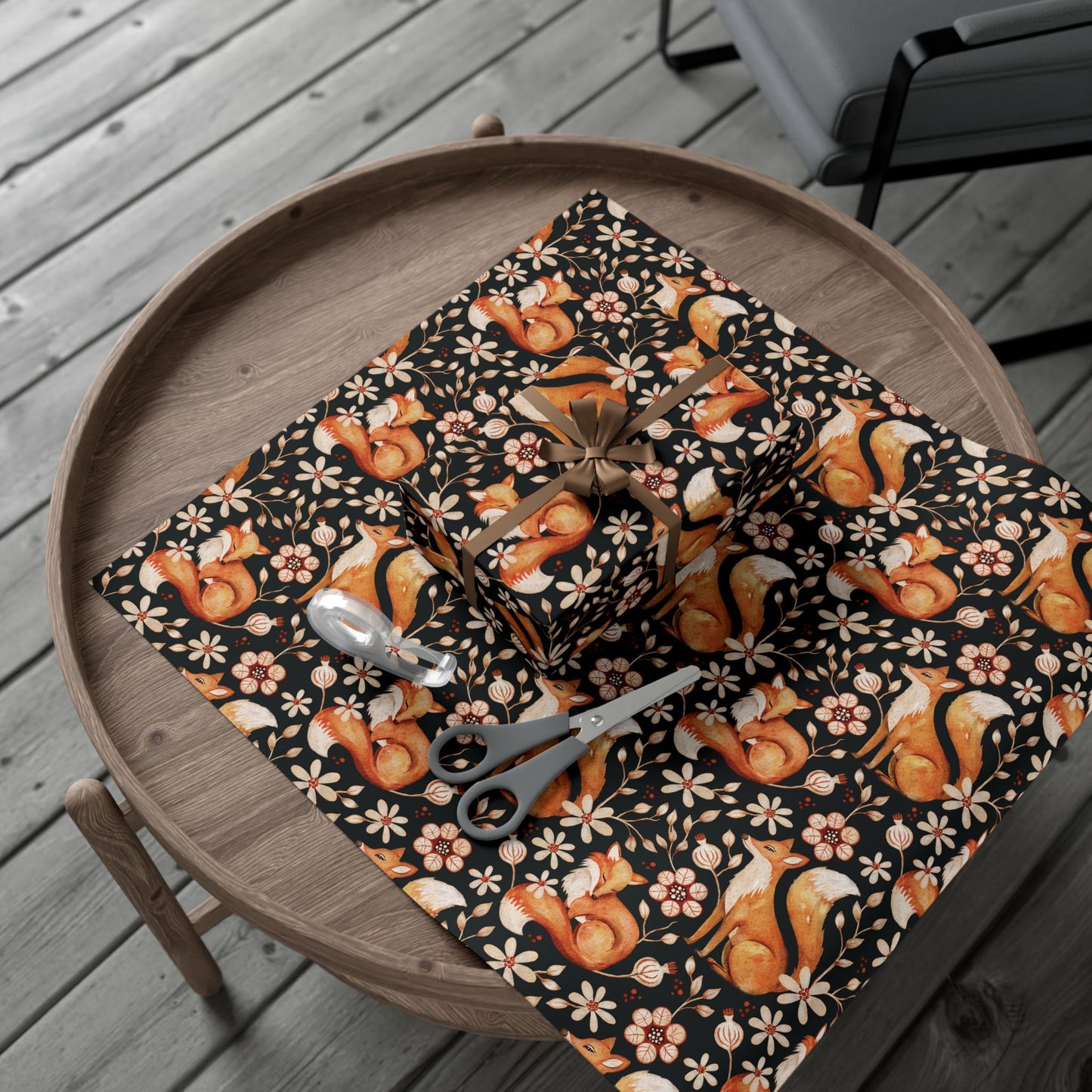 Enchanted Woodland Fox, Floral Dark Cottagecore Watercolor Style, Black Eco-Friendly Gift Wrap