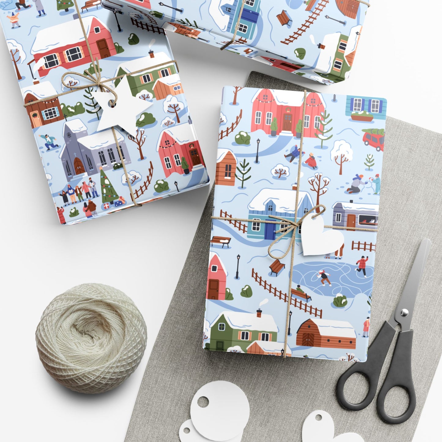 Small Town Christmas Village, Retro Vintage Winter Scene, Multicolor Eco-Friendly Gift Wrap