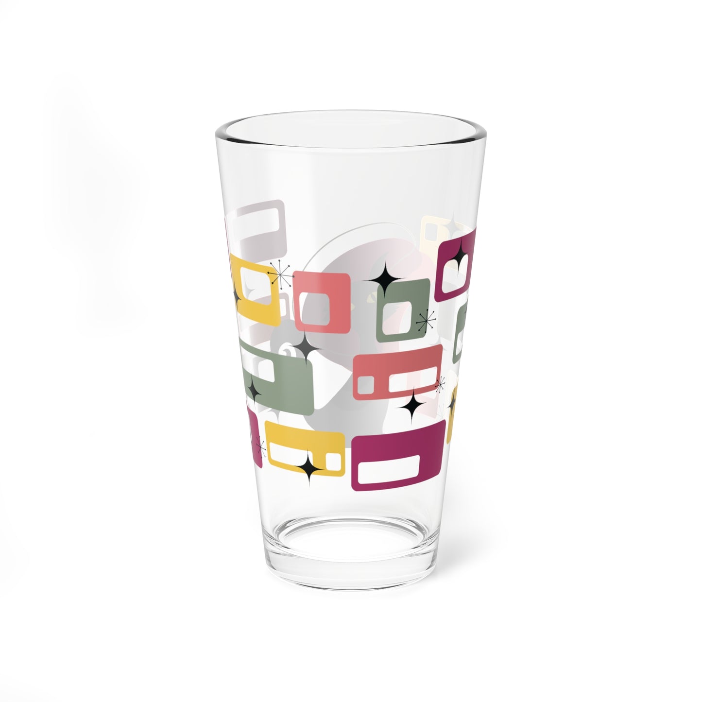 Retro 50s Atomic Black Cat Mid Century Modern Pink, Green & Yellow Pint Glass