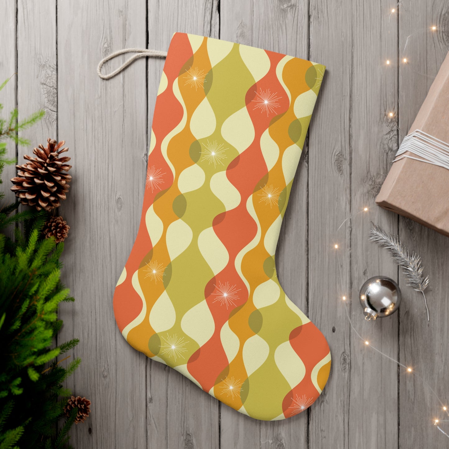 Retro Mid Century Mod Abstract Green, Orange & Mustard Christmas Stocking