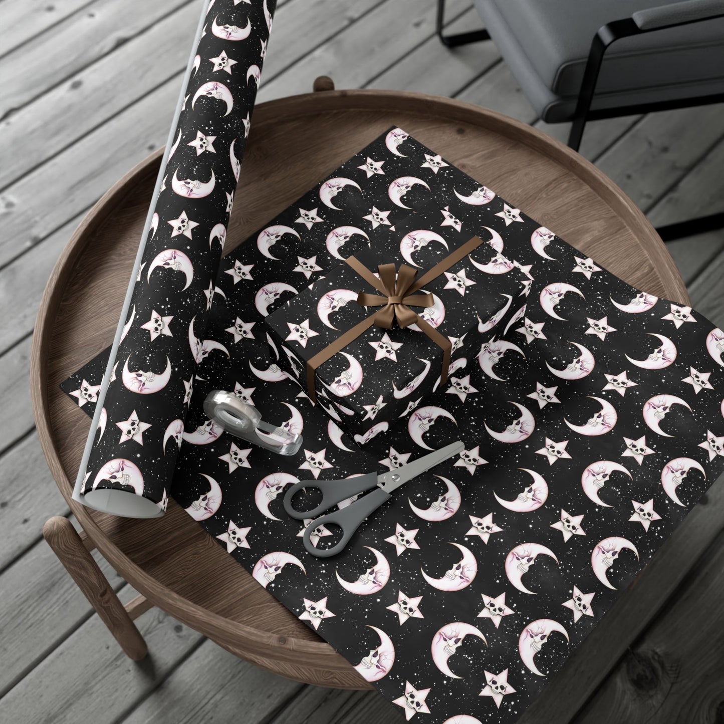 Goth Christmas Celestial Moon & Stars, Whimsical Kawaii Creepmas Black Eco-Friendly Gift Wrap
