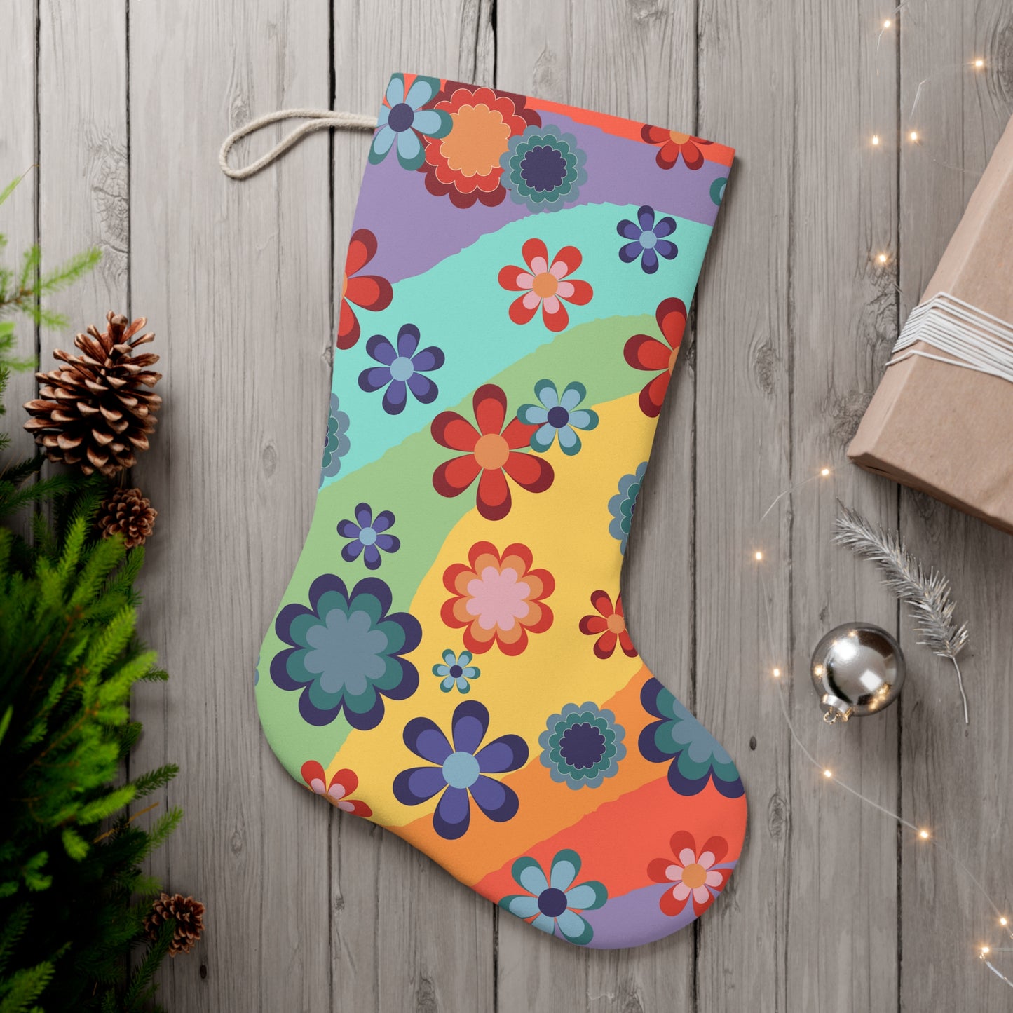 Groovy Floral Retro MCM Rainbow Hippie Christmas Stocking