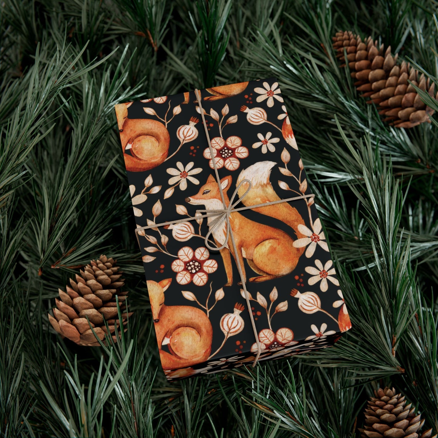 Enchanted Woodland Fox, Floral Dark Cottagecore Watercolor Style, Black Eco-Friendly Gift Wrap