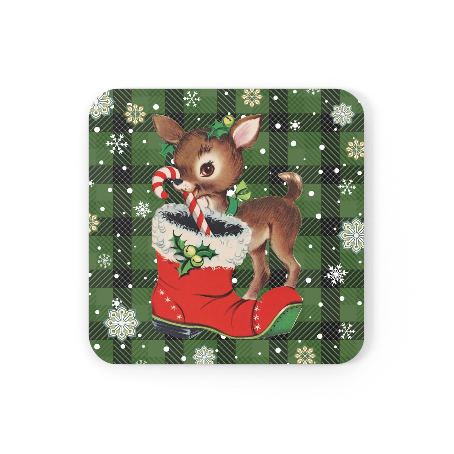 Retro 50s Christmas Vintage Reindeer MCM Green Coaster Set