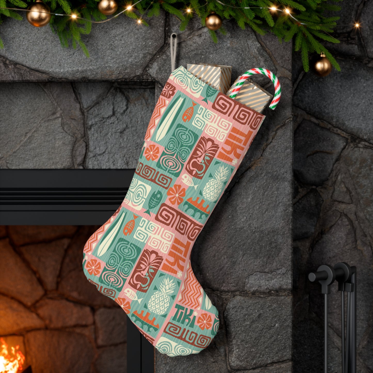 Retro 60s Tiki Christmas Mid Century Modern Multicolor Holiday Stocking