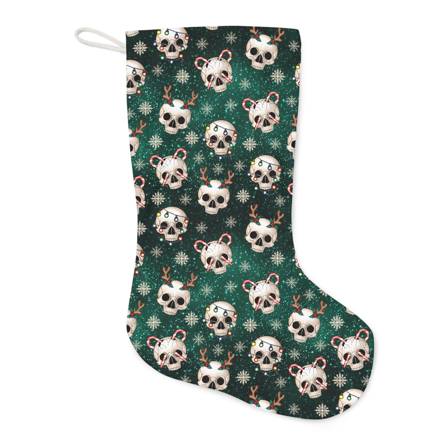 Goth Christmas Festive Skulls, Kitschy Creepmas Green Holiday Stocking