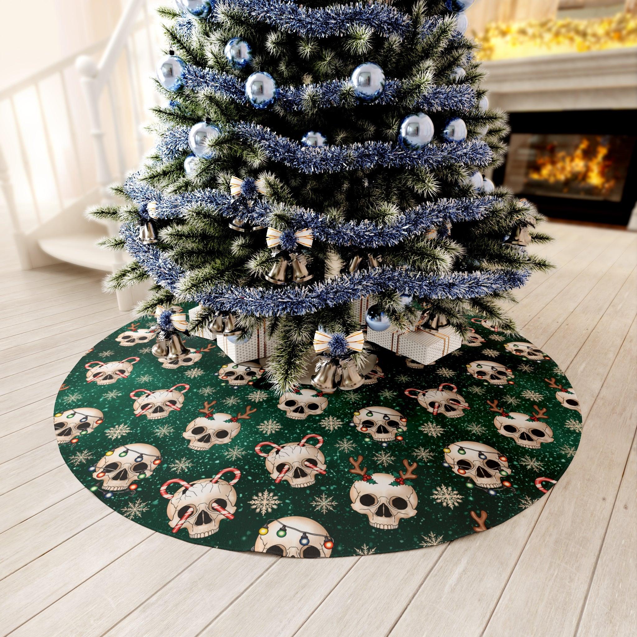 Kitschy Goth Christmas Skulls Green Gothmas & Creepmas Holiday Tree Skirt | lovevisionkarma.com