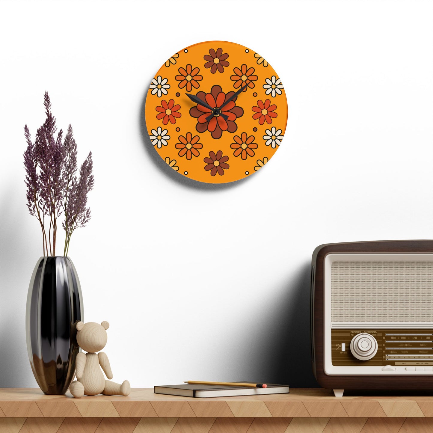 Retro 60s 70s Groovy Mod Daisy Floral Mid Century Orange & Brown Acrylic Wall Clock