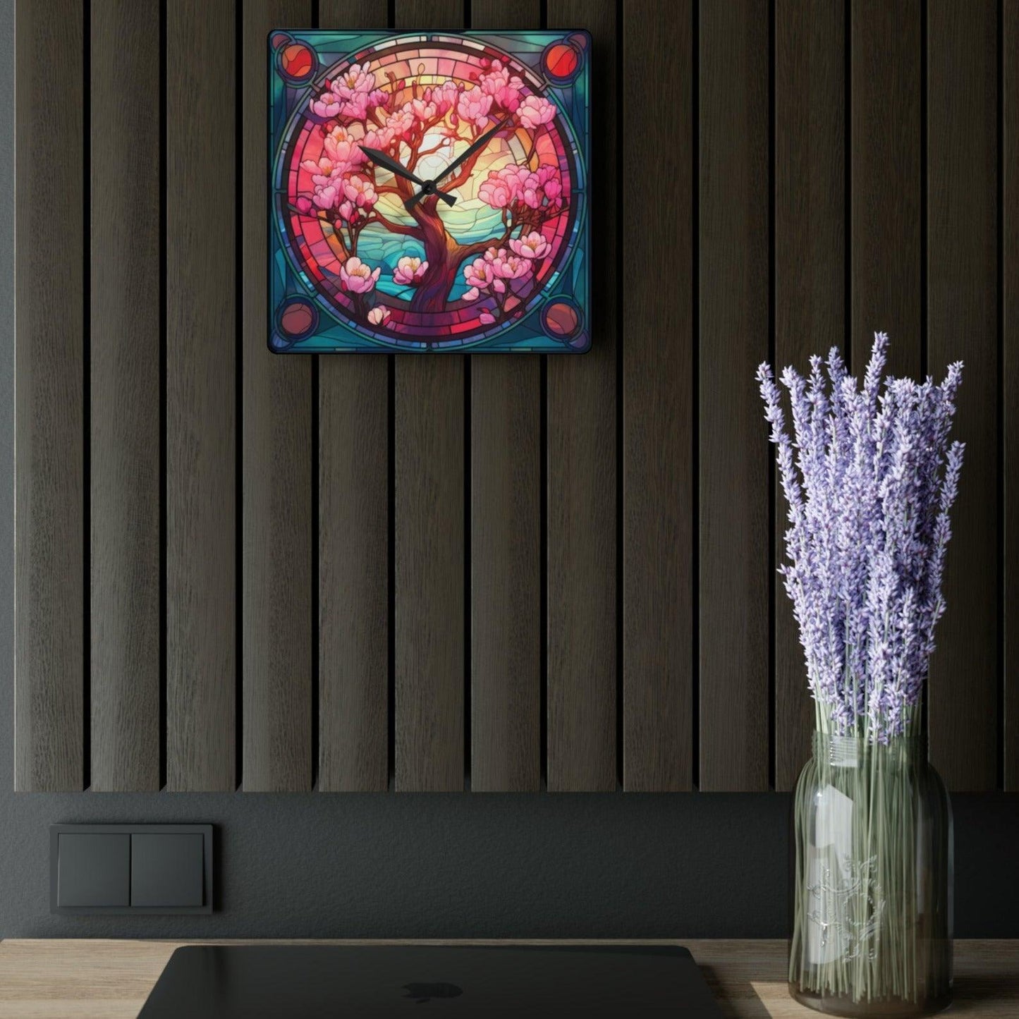 Cherry Blossom Tree, Sakura Stained Glass Inspired Multicolor Acrylic Wall Clock | lovevisionkarma.com
