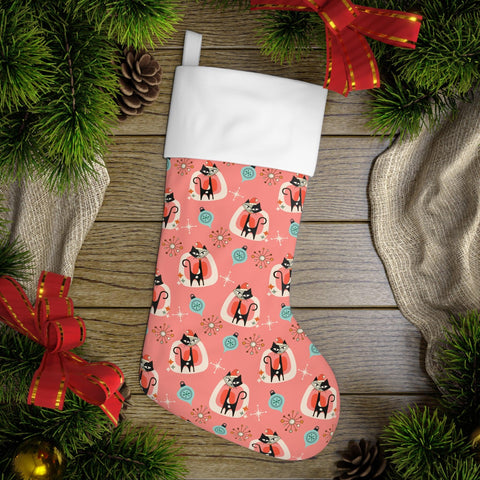 Retro 50s Atomic Cats Mid Century Mod Coral Pink Christmas Stocking