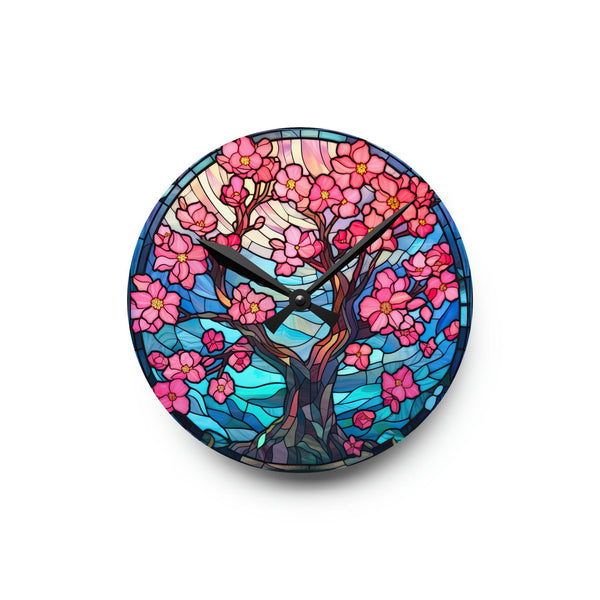 Cherry Blossom Tree Stained Glass Inspired, Sakura Pink & Blue Acrylic Wall Clock