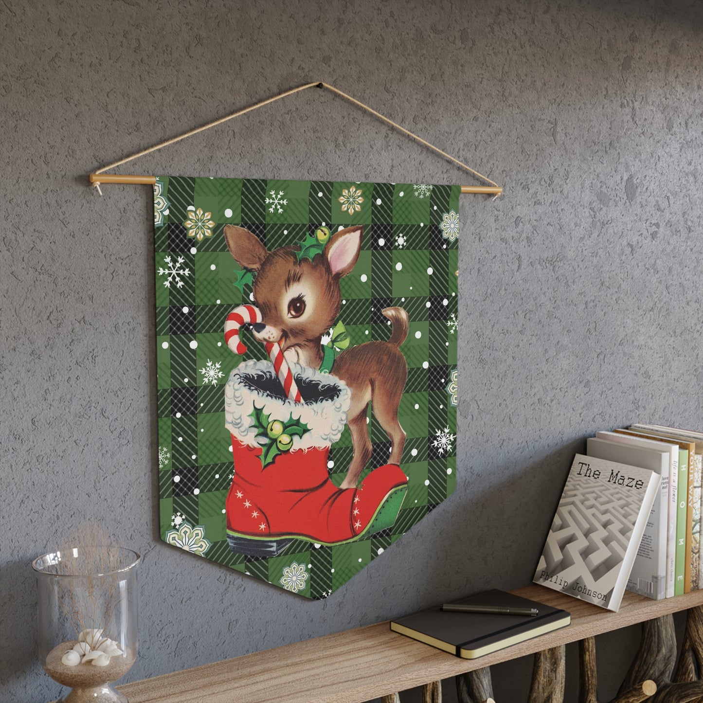 Retro 50s Christmas Vintage Reindeer MCM Green Wall Pennant