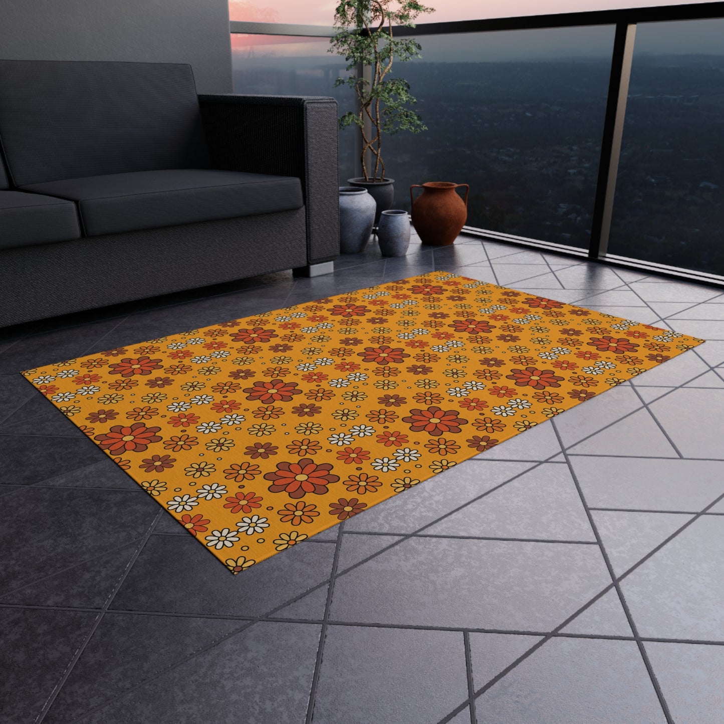 Retro 60s 70s Groovy Mod Daisy, Floral Mid Century Orange & Brown Anti-Slip Indoor/Outdoor Accent Rug