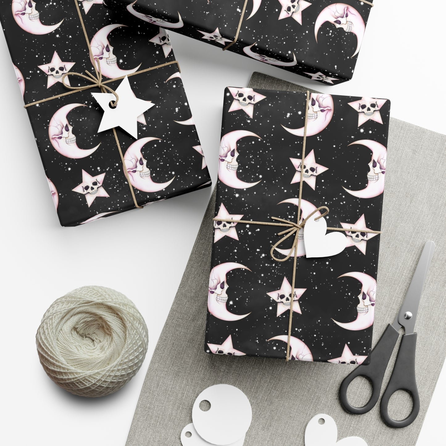 Goth Christmas Celestial Moon & Stars, Whimsical Kawaii Creepmas Black Eco-Friendly Gift Wrap