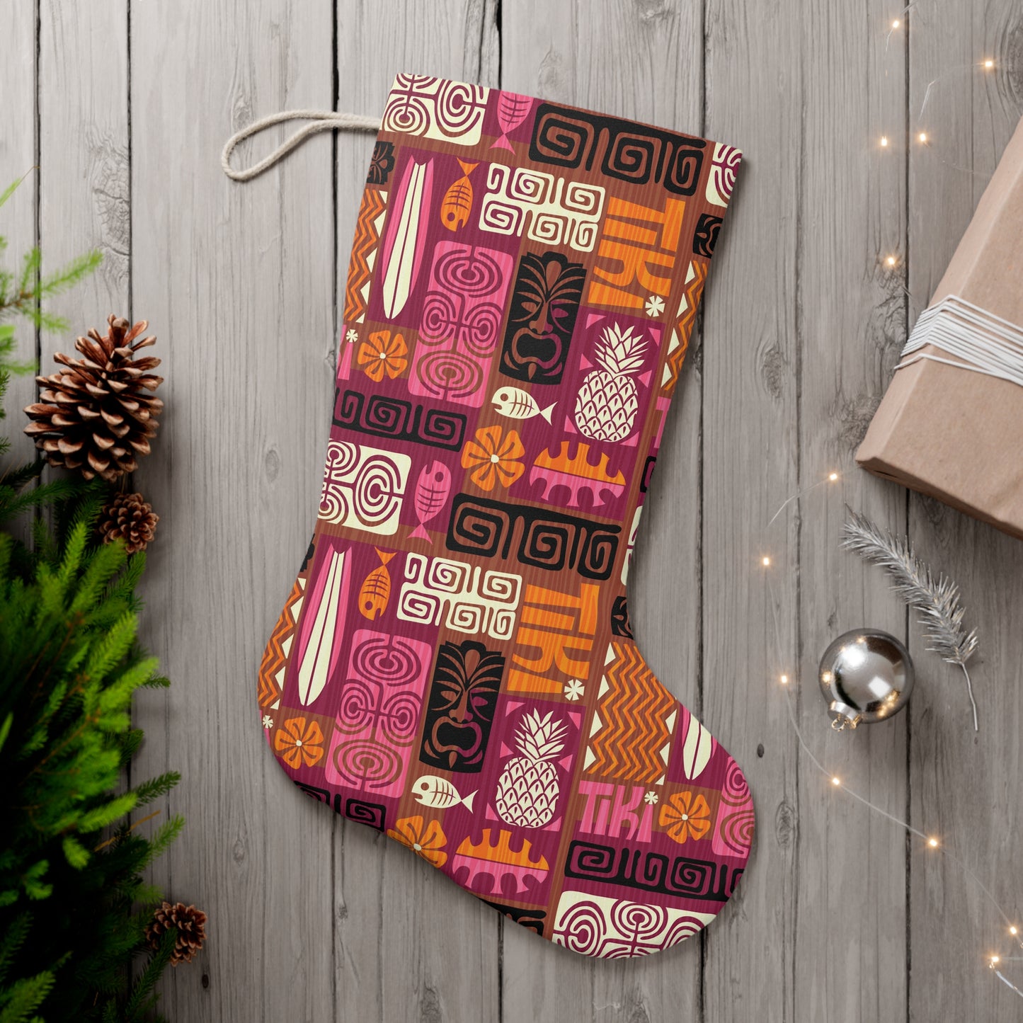 Retro Tiki Christmas 60s Vibes Mid Century Modern Brown, Orange, Pink Holiday Stocking