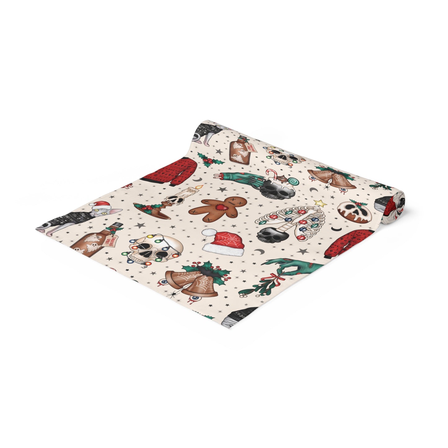 Kitschy Kawaii Goth Christmas, Creepy Cute Whimsigoth Multicolor Creepmas Table Runner