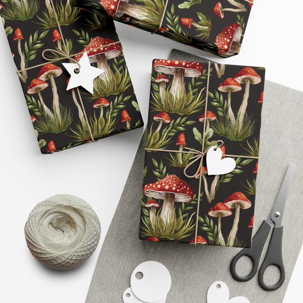 Amanita Muscaria Mushroom, Dark Cottagecore Watercolor Style Black, Red & Green Eco-Friendly Gift Wrap | lovevisionkarma.com
