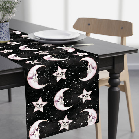 Goth Christmas Celestial Moon & Stars, Whimsical Kawaii Creepmas Black Table Runner