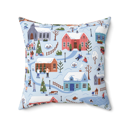 Small Town Christmas Village, Retro Vintage Winter Scene, Multicolor Holiday Throw Pillow