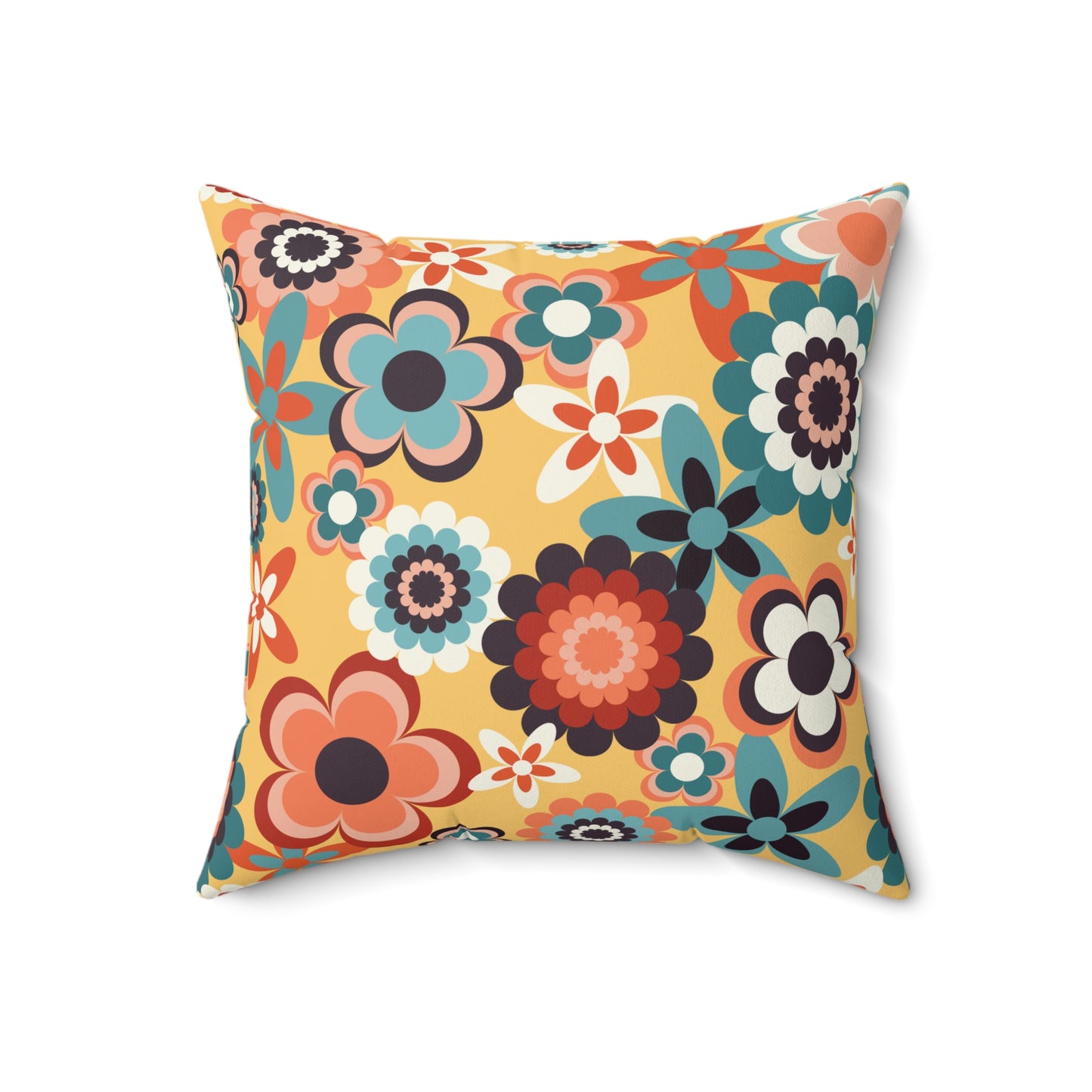 Retro 60s 70s Groovy Flowers Boho Mid Century Mod Yellow, Coral & Blue Throw Pillow