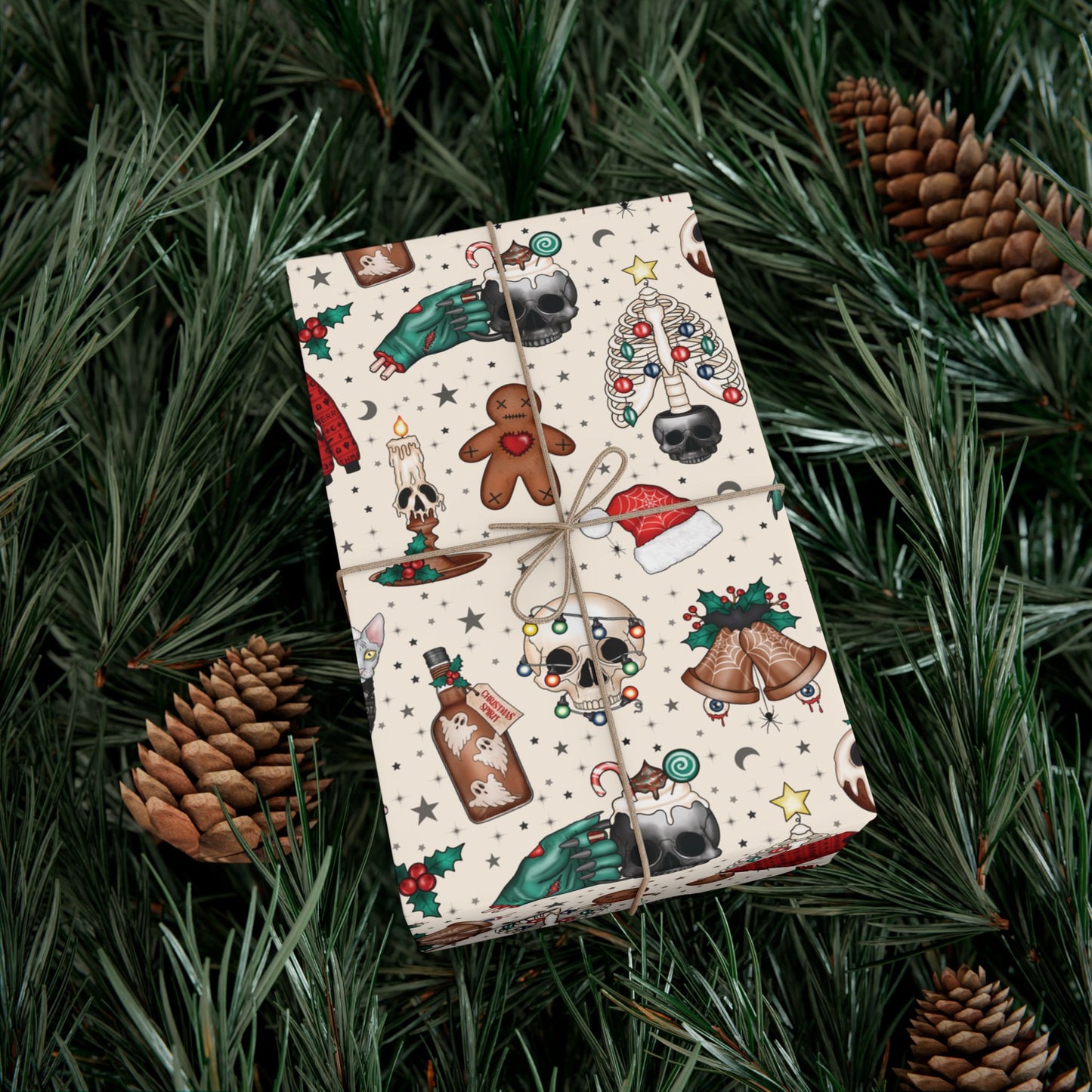 Goth Christmas Kitsch Skulls, Cats & Zombie Hands Multicolor Eco-Friendly Gift Wrap Paper
