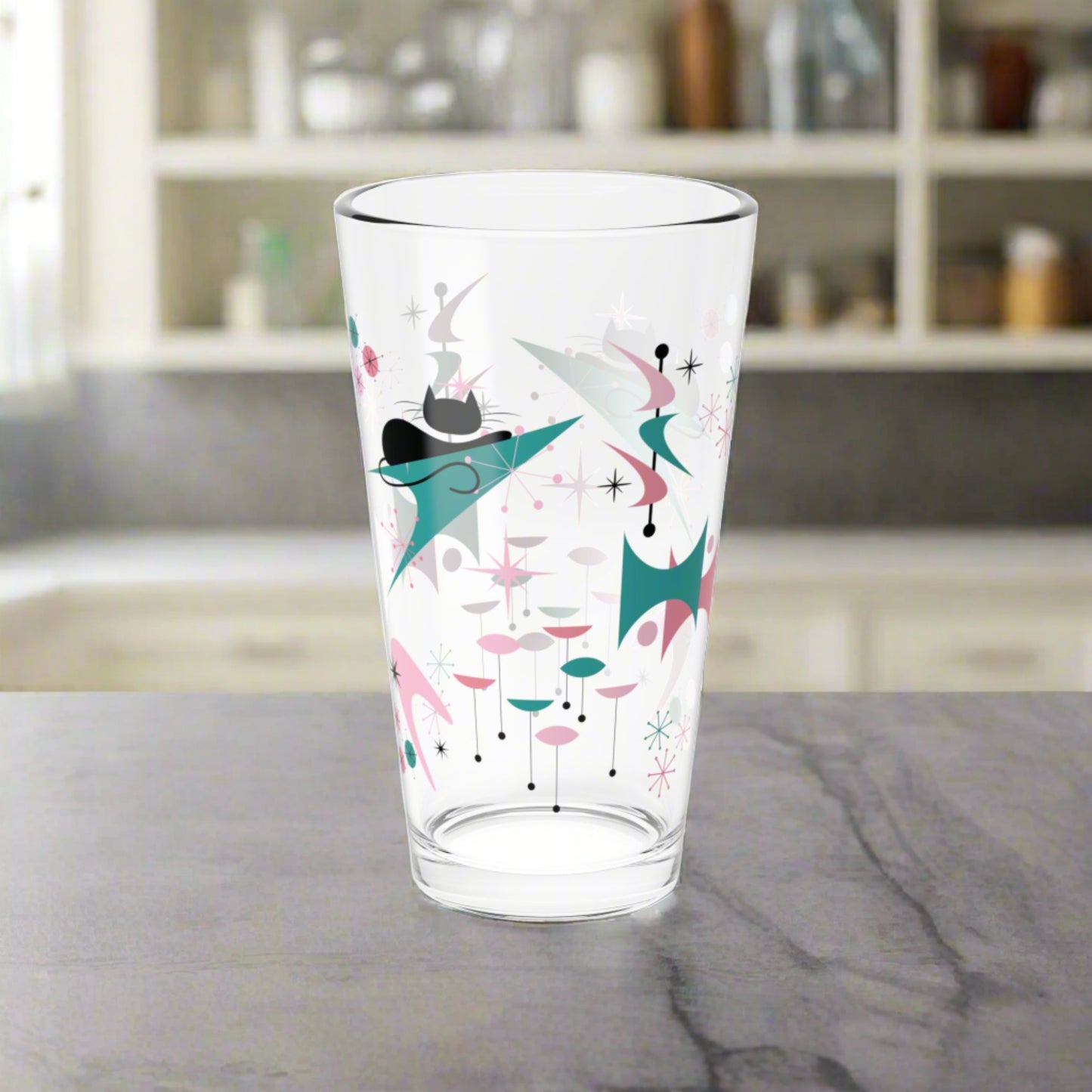 Retro 50s Atomic Black Cat, Boomerang & Starburst MCM Pink & Teal-Green 16 oz Pint Glass