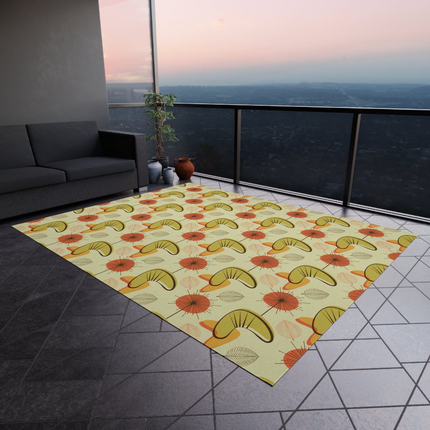 Retro 60s 70s Atomic Boomerangs & Leaves MCM Orange, Green & Yellow Anti-Slip Indoor/Outdoor Rug