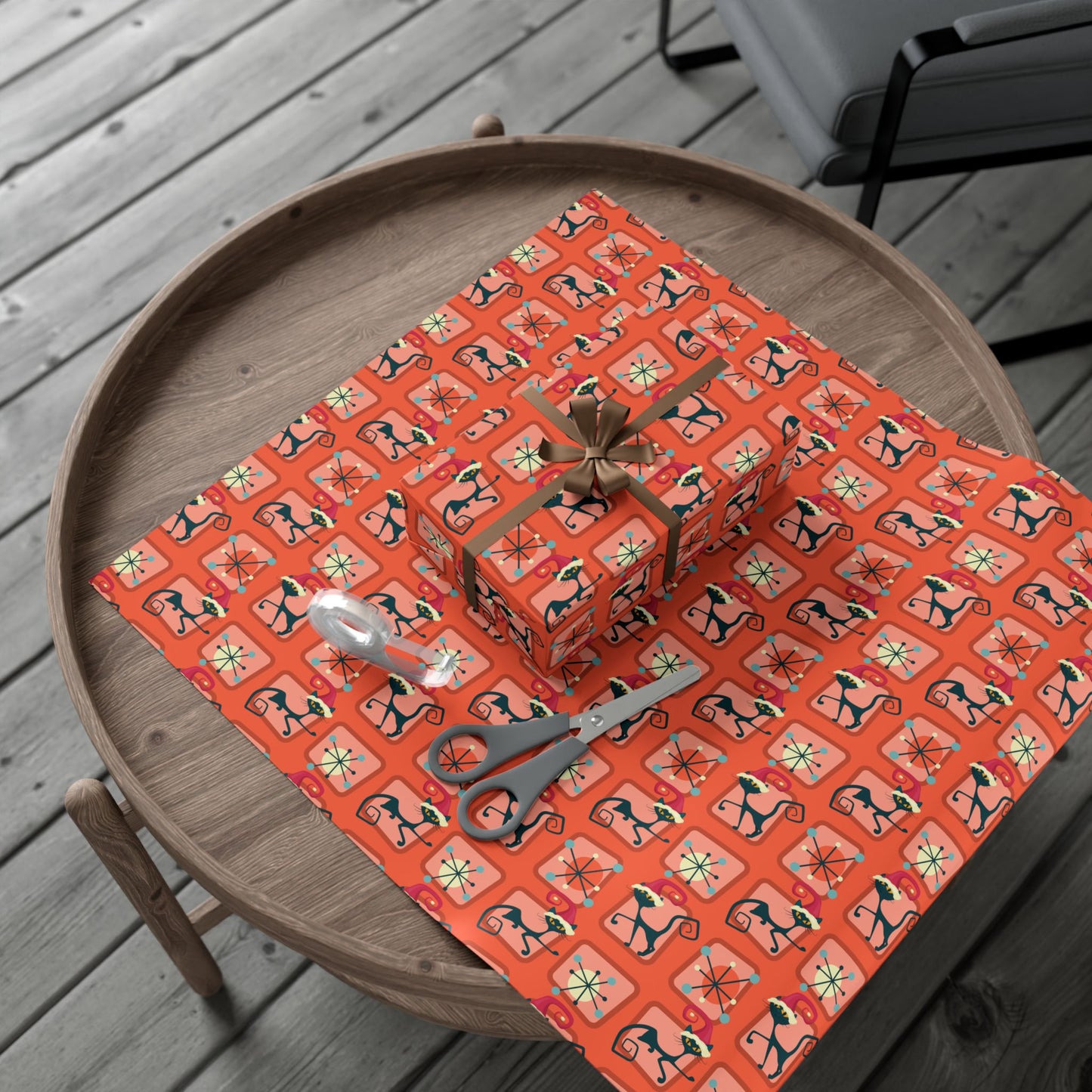 Retro 50's Atomic Cat Christmas Kitschy Mid Century Modern Red Eco-Friendly Wrapping Paper