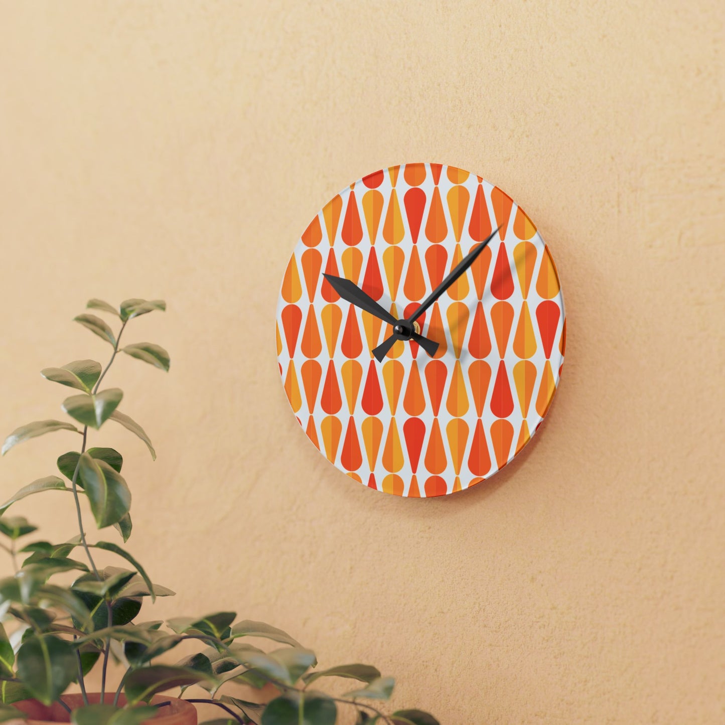 Retro 60s 70s Mid Century Modern Geometric Orange and Yellow Acrylic Wall Clock