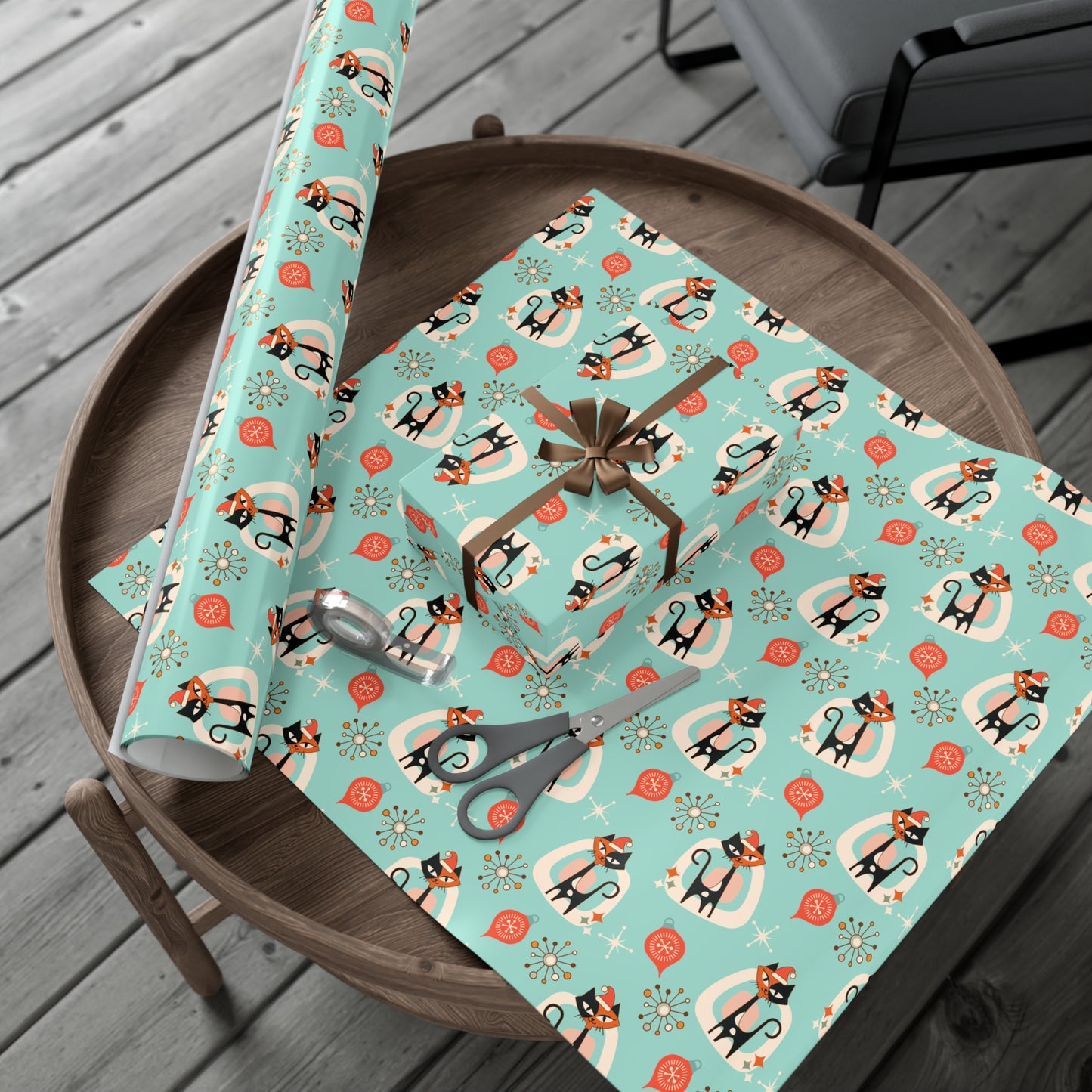 Retro 50's Atomic Cat & Starbursts Kitschy Christmas Mid Century Modern Blue Eco-Friendly Wrapping Paper