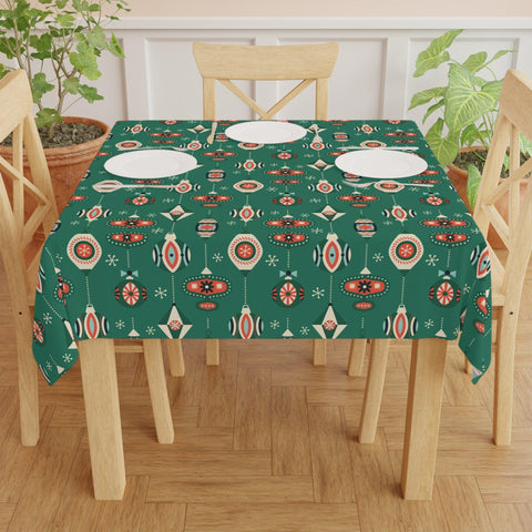 Retro 1950s Christmas Mid Century Mod Baubles & Ornaments Green Holiday Tablecloth