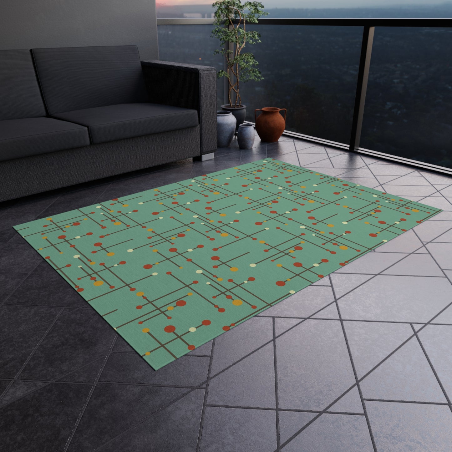 Retro 50's Eames Inspired Mid Century Mod Lines Anti-Slip Teal Blue Indoor/Outdoor Accent Rug