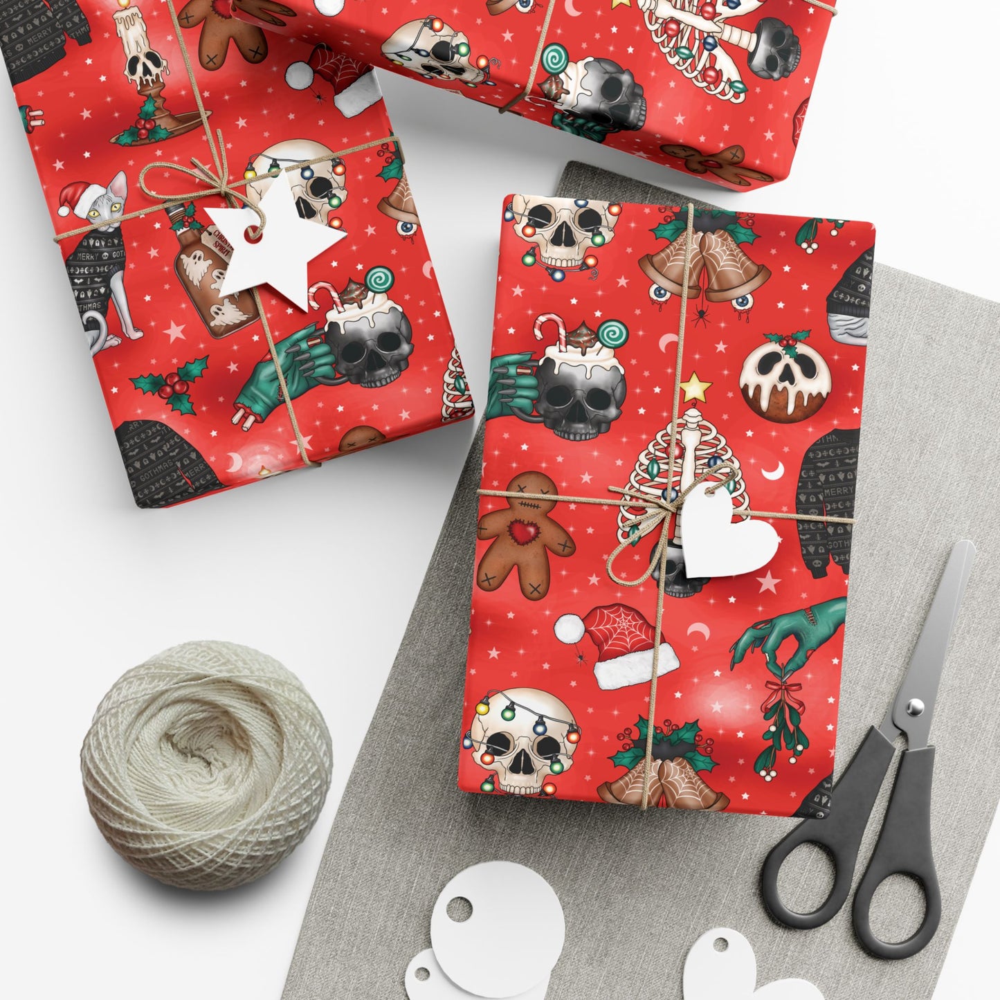 Goth Christmas Kitsch Skulls, Cats & Zombie Hands Red Eco-Friendly Gift Wrap Paper