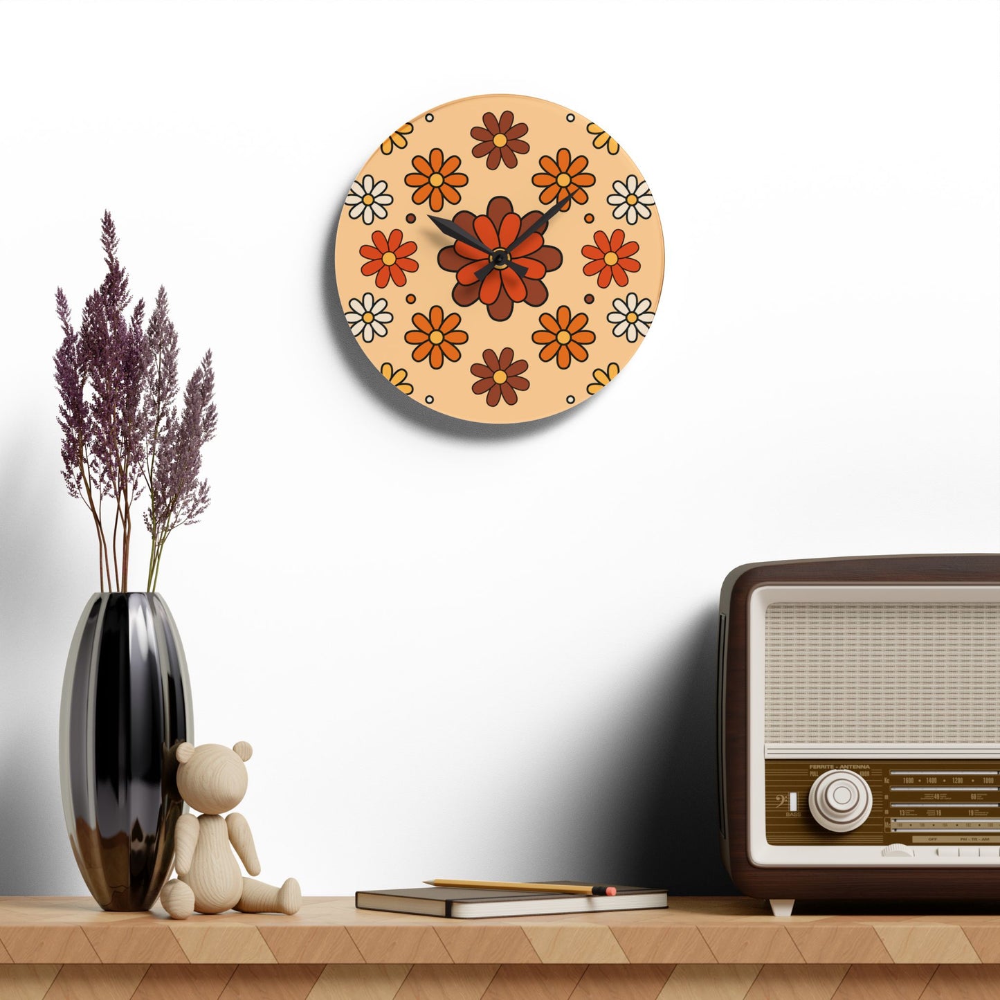 Retro 60s 70s Groovy Mod Daisy Floral Mid Century Orange & Brown Acrylic Wall Clock