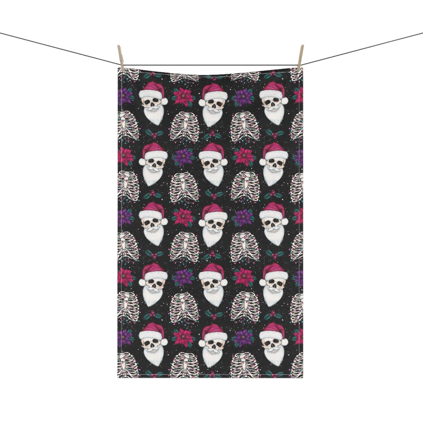 Skull Santa Goth Christmas, Creepy Scary Black Creepmas Holiday Kitchen Tea Towel | lovevisionkarma.com