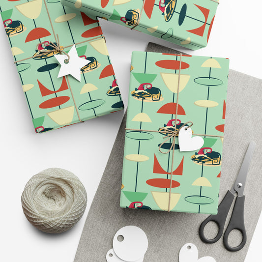 Retro 50's Atomic Cat Christmas Kitschy Mid Century Modern Green Eco-Friendly Wrapping Paper