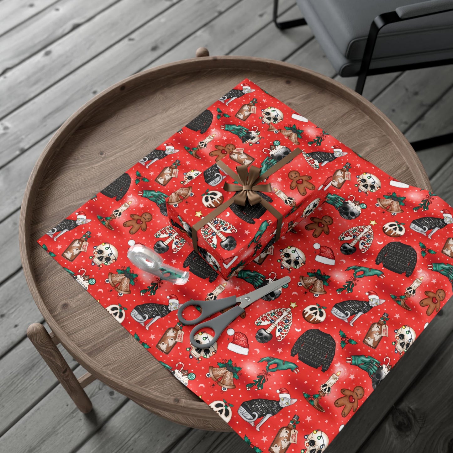 Goth Christmas Kitsch Skulls, Cats & Zombie Hands Red Eco-Friendly Gift Wrap Paper