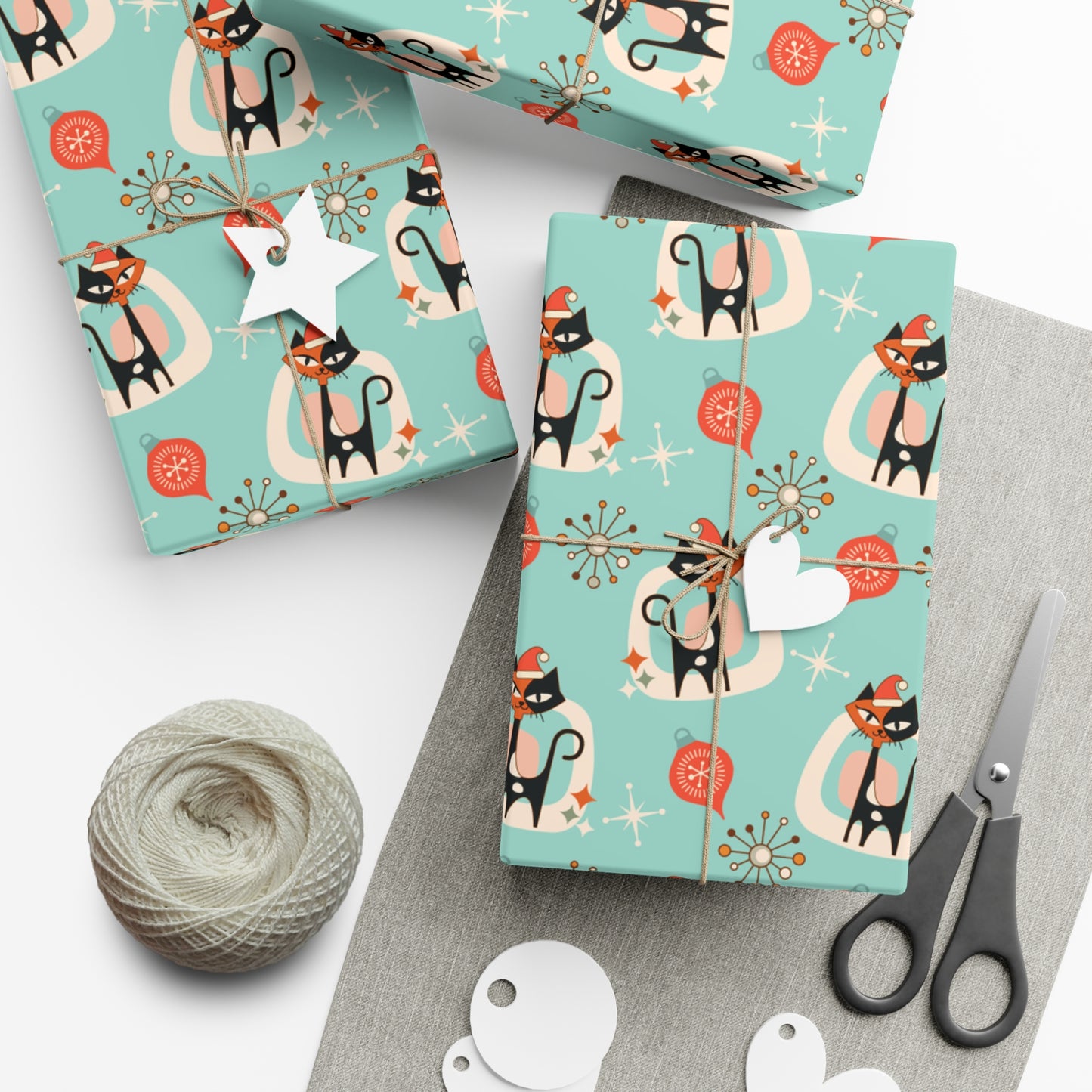 Retro 50's Atomic Cat & Starbursts Kitschy Christmas Mid Century Modern Blue Eco-Friendly Wrapping Paper