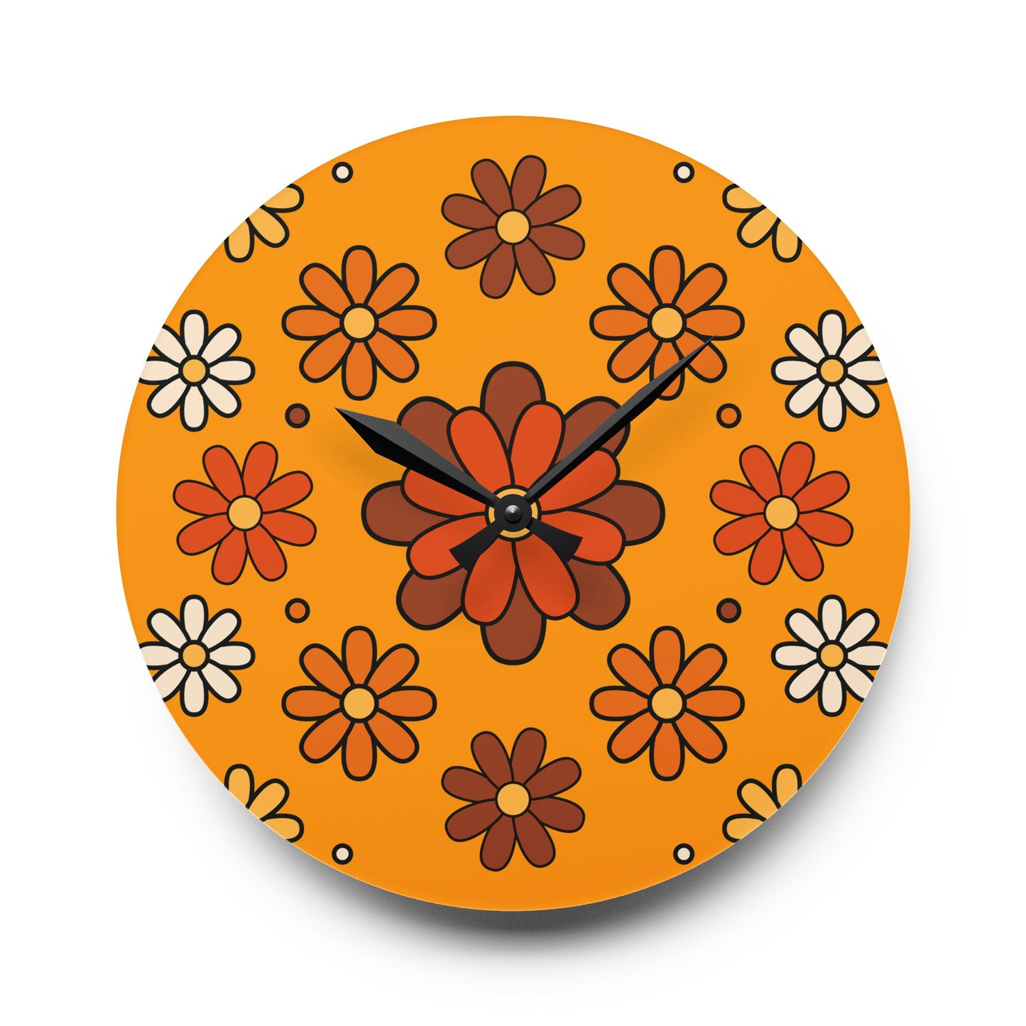 Retro 60s 70s Groovy Mod Daisy Floral Mid Century Orange & Brown Acrylic Wall Clock