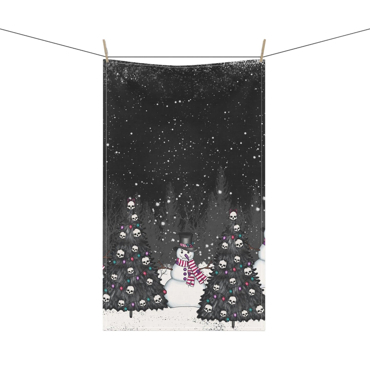 Creepy Snowman Goth Christmas Tree Farm, Black Kitchen Tea Towel | lovevisionkarma.com