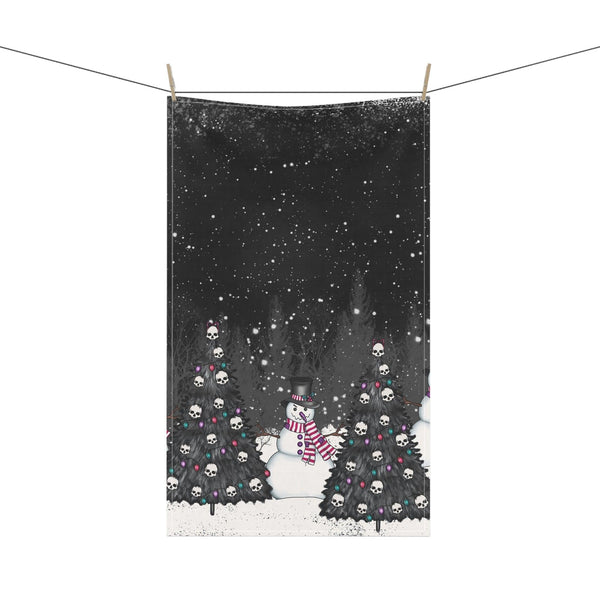 Creepy Snowman Goth Christmas Tree Farm, Black Kitchen Tea Towel